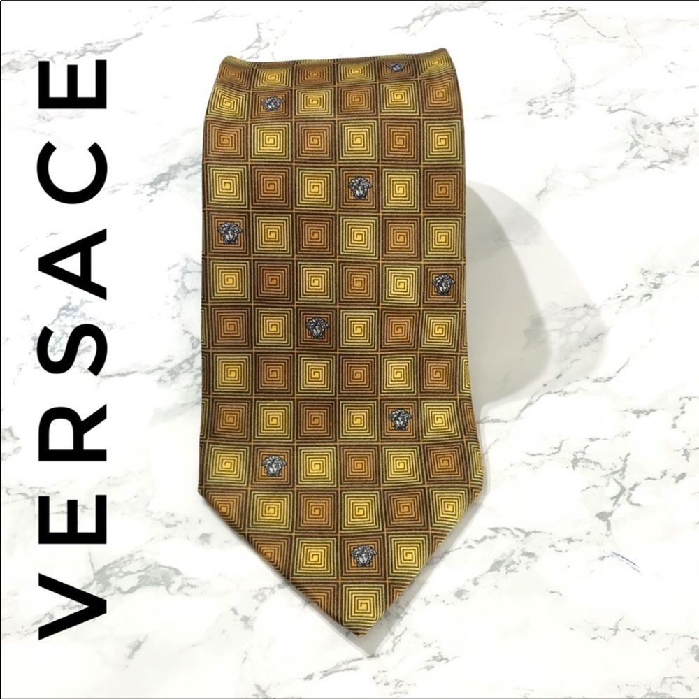 Versace Gold Orange Checkered Greek Key Medusa Tie
